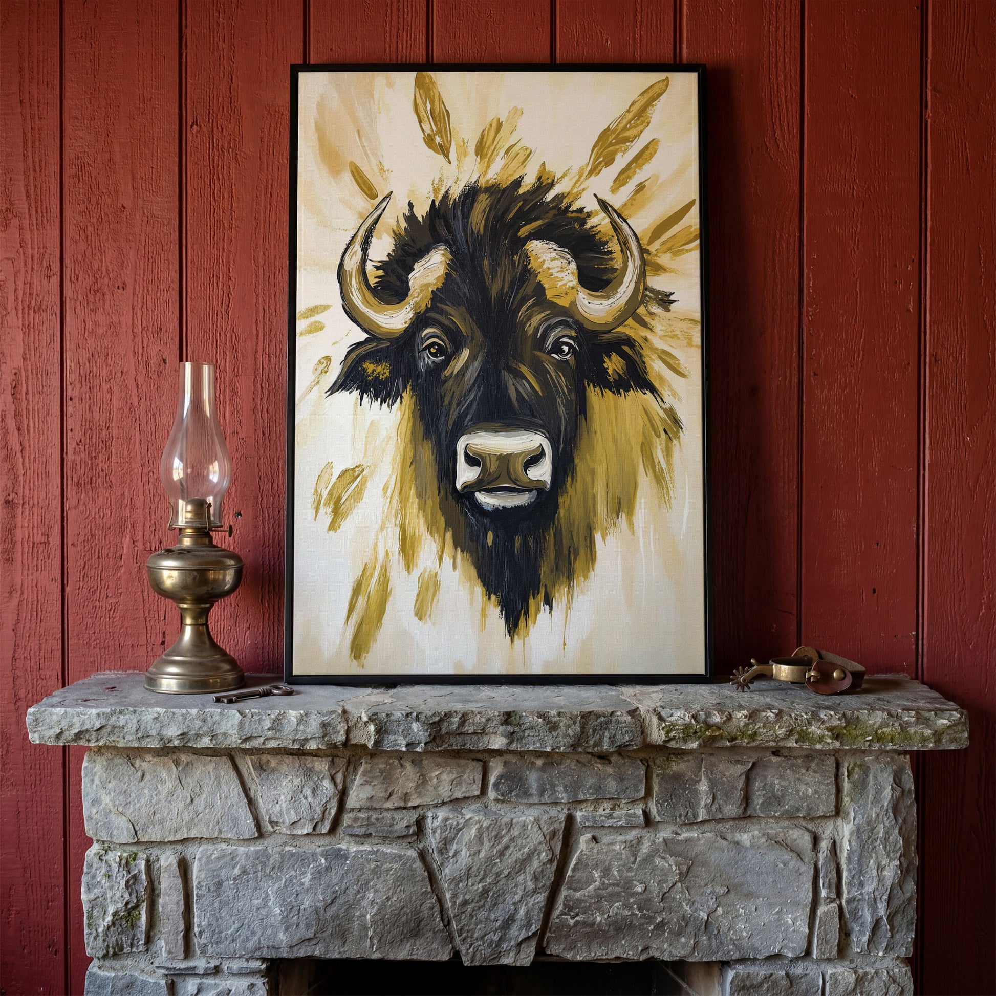 Bull Close-Up Portrait Canvas Wall Art, Head and Horns in black floating frame