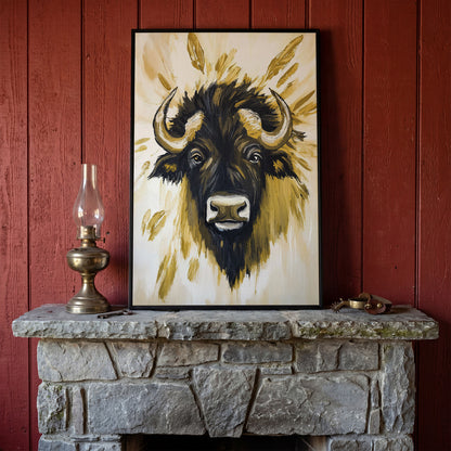 Bull Close-Up Portrait Canvas Wall Art, Head and Horns in black floating frame