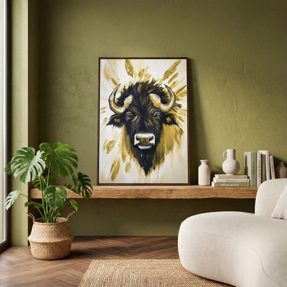 Bull Close-Up Portrait Canvas Wall Art, Head and Horns in dark walnut floating frame