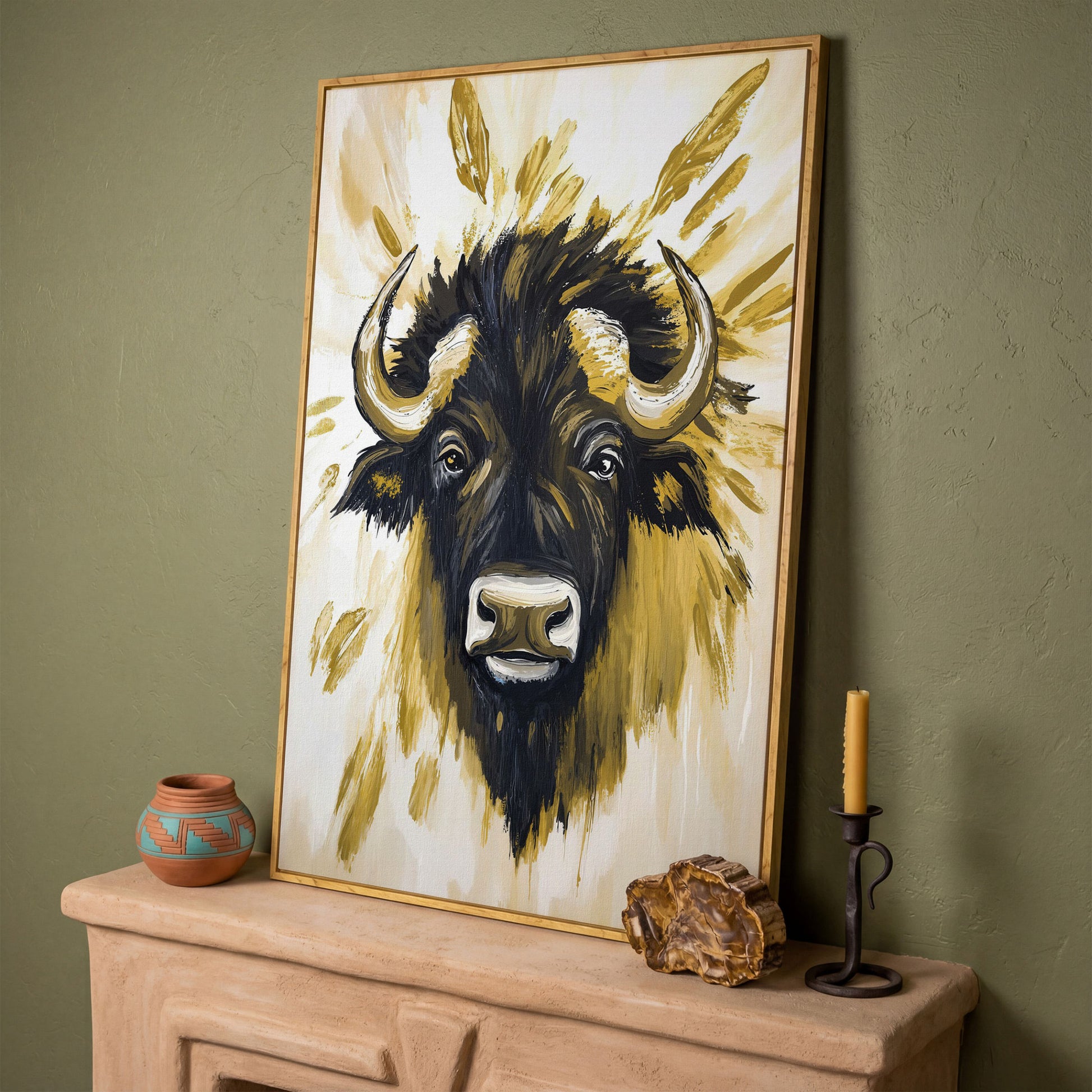 Bull Close-Up Portrait Canvas Wall Art, Head and Horns in white oak floating frame