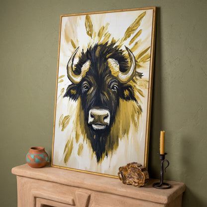 Bull Close-Up Portrait Canvas Wall Art, Head and Horns in white oak floating frame