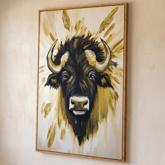 Bull Close-Up Portrait Canvas Wall Art, Head and Horns shown in white oak floating frame