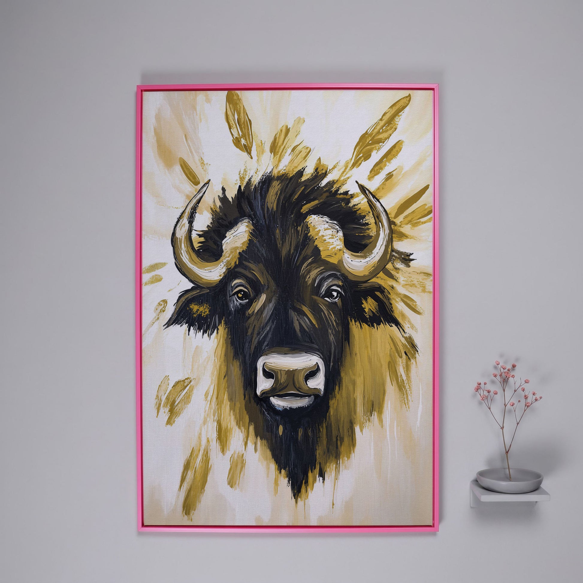 Bull Close-Up Portrait Canvas Wall Art, Head and Horns in pink floating frame