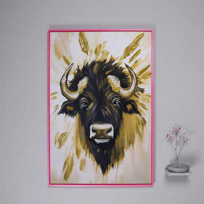 Bull Close-Up Portrait Canvas Wall Art, Head and Horns in pink floating frame