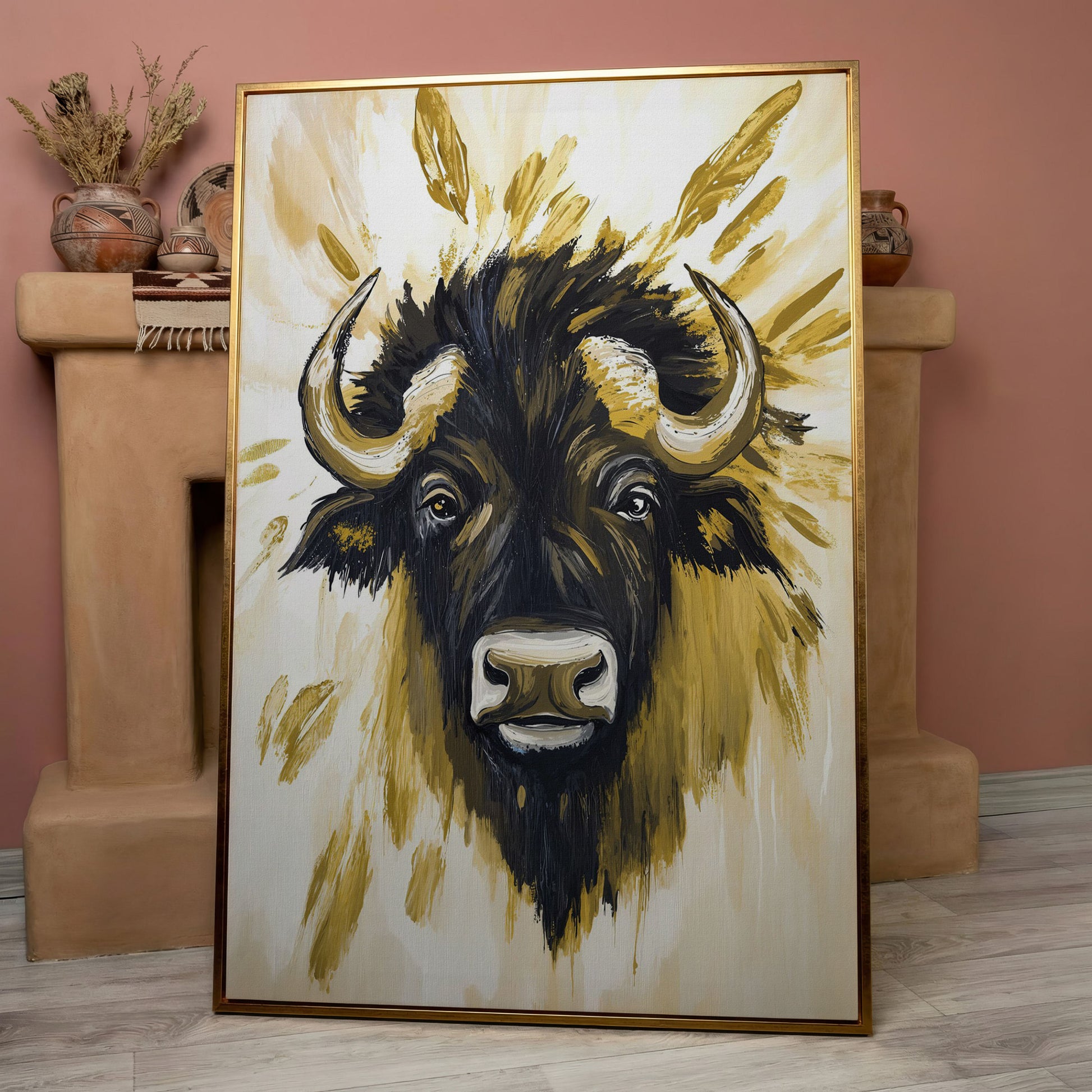 Bull Close-Up Portrait Canvas Wall Art, Head and Horns in rose gold floating frame