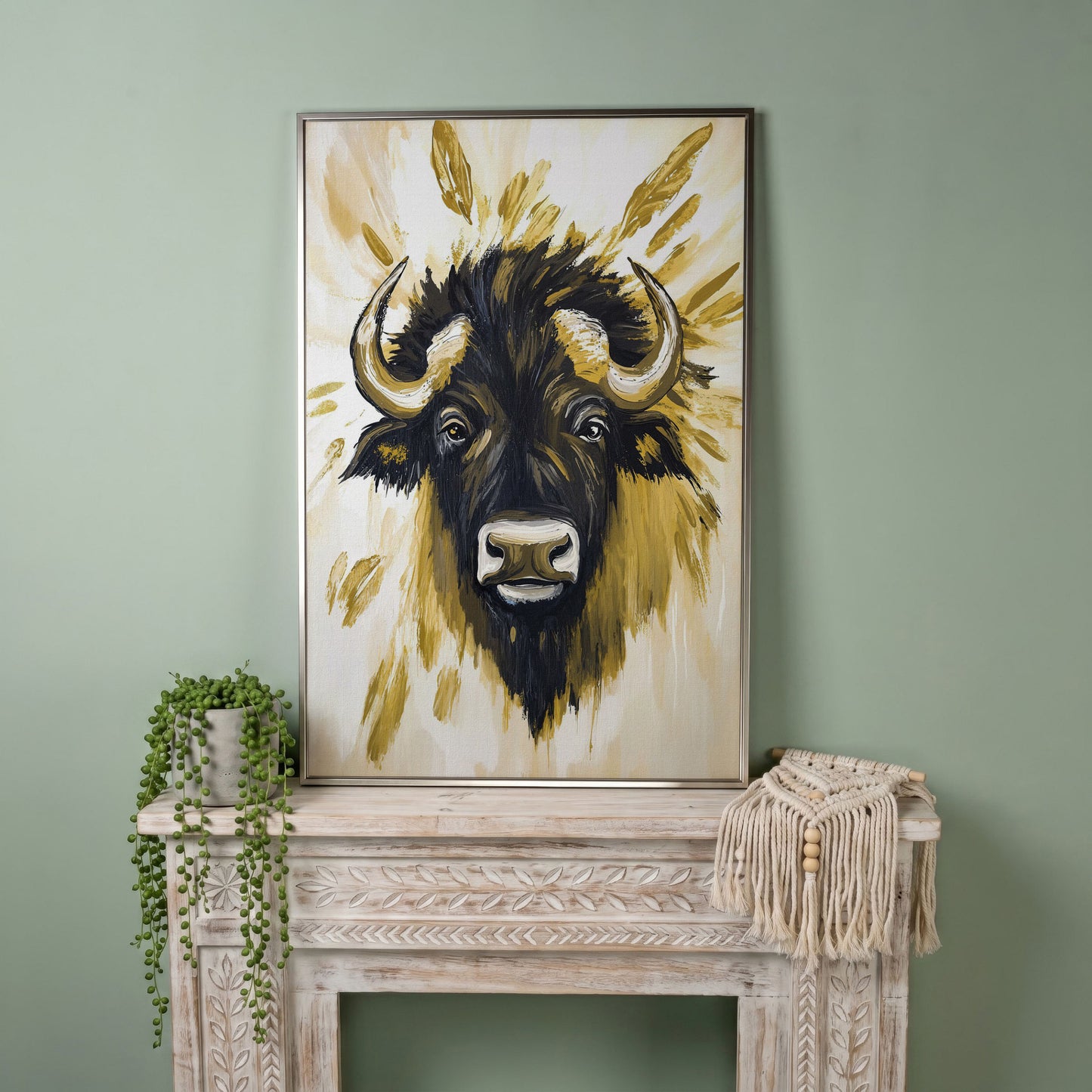 Bull Close-Up Portrait Canvas Wall Art, Head and Horns in silver floating frame