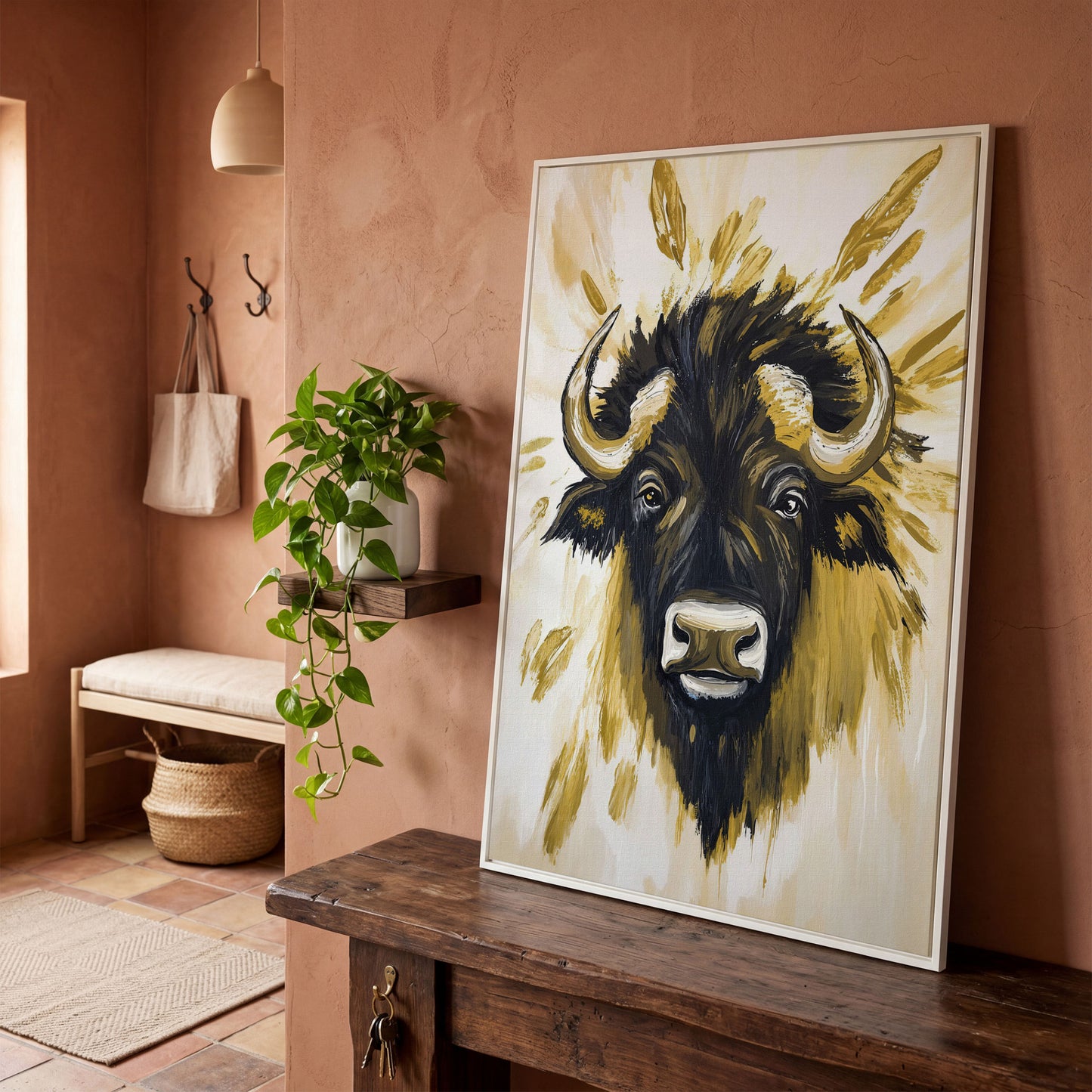 Bull Close-Up Portrait Canvas Wall Art, Head and Horns in white floating frame