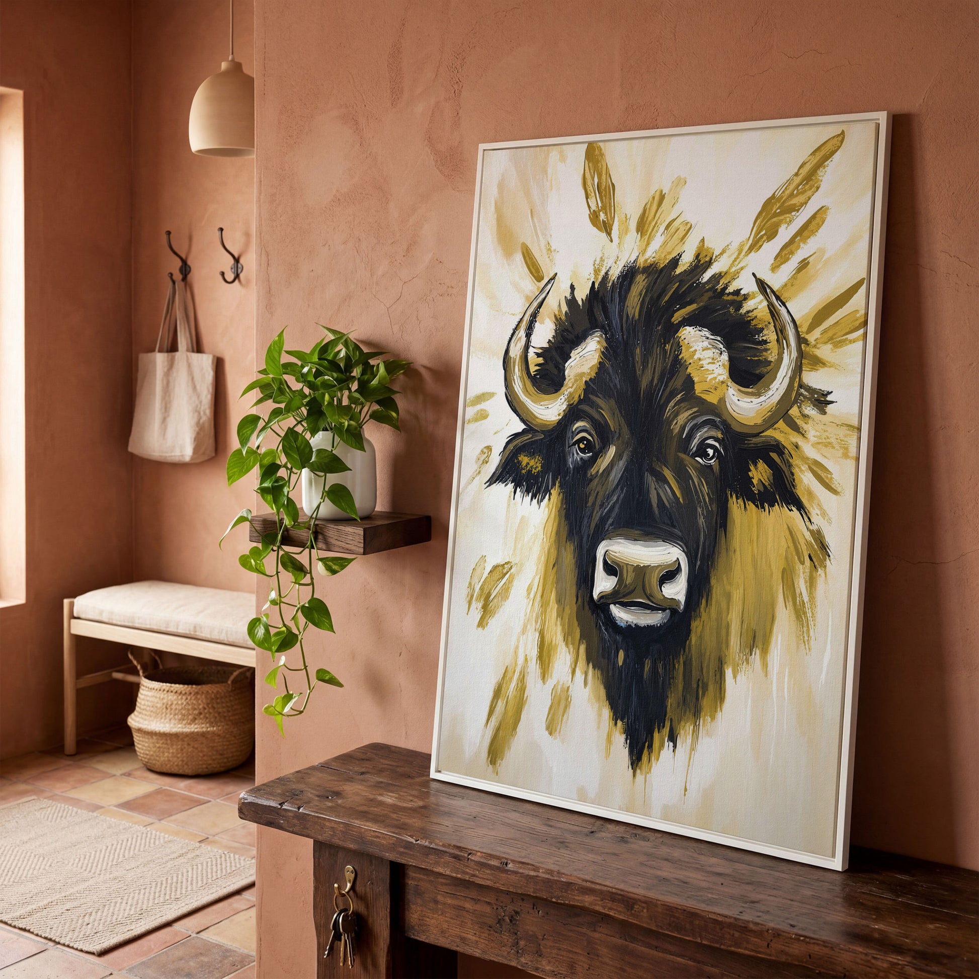 Bull Close-Up Portrait Canvas Wall Art, Head and Horns in white floating frame