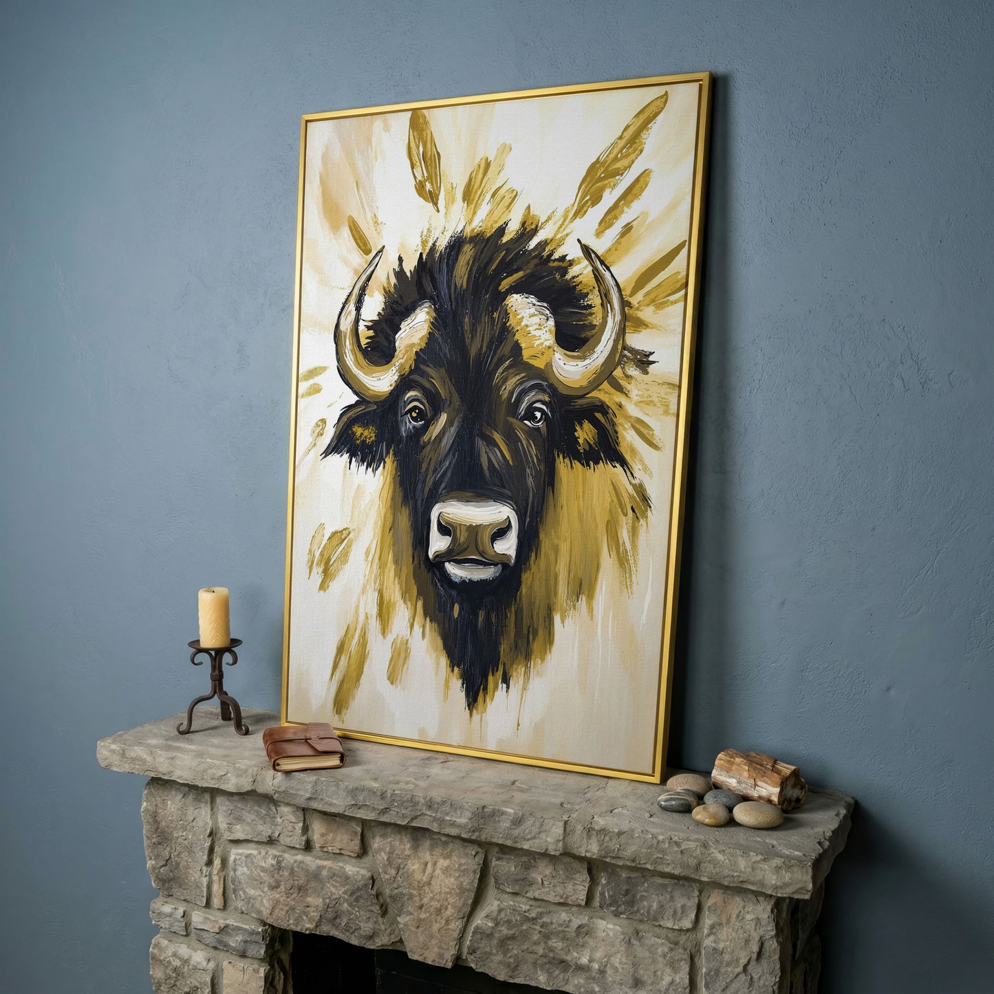 Bull Close-Up Portrait Canvas Wall Art, Head and Horns in yellow gold floating frame