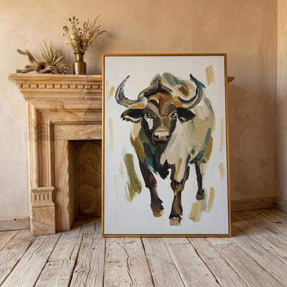 Bold Bull Portrait Canvas Art in Expressive Brushstrokes in antique gold floating frame