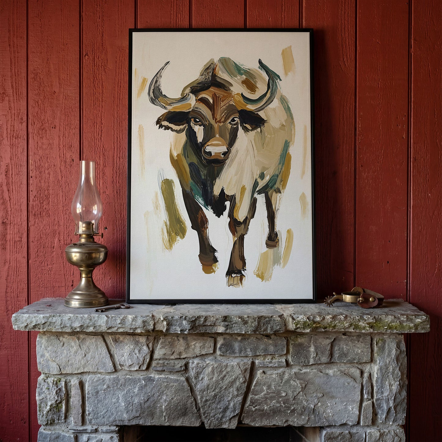 Bold Bull Portrait Canvas Art in Expressive Brushstrokes in black floating frame