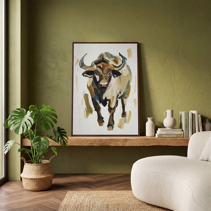 Bold Bull Portrait Canvas Art in Expressive Brushstrokes in dark walnut floating frame