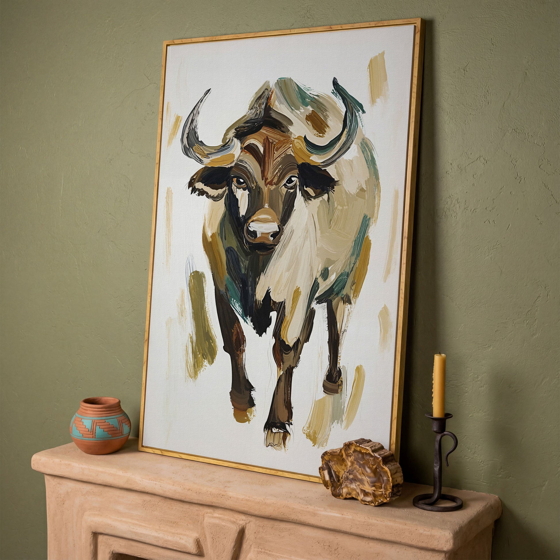 Bold Bull Portrait Canvas Art in Expressive Brushstrokes in white oak floating frame