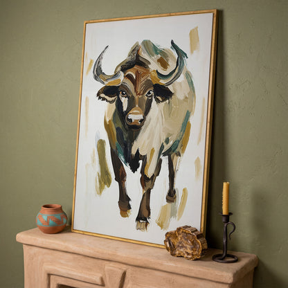 Bold Bull Portrait Canvas Art in Expressive Brushstrokes in white oak floating frame
