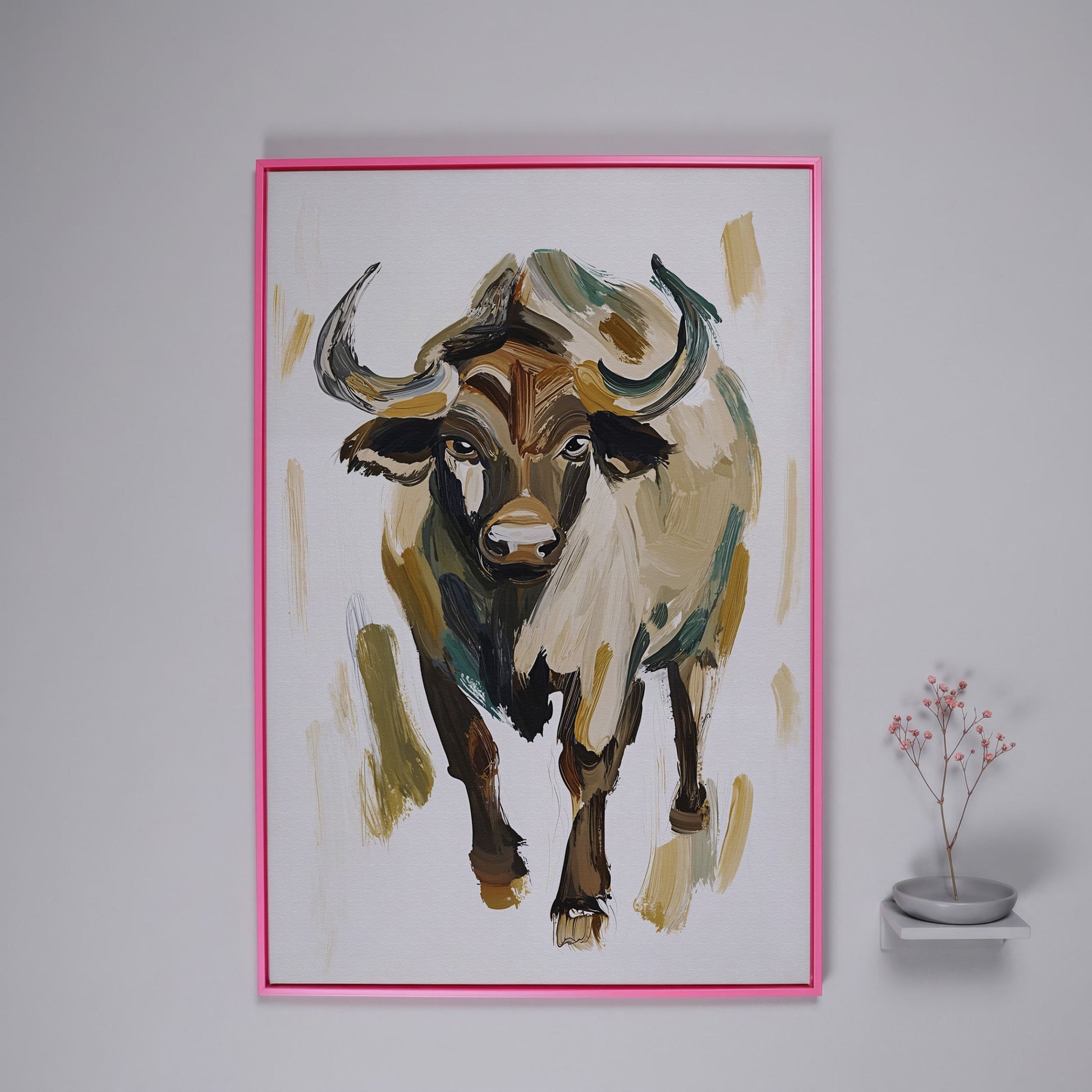 Bold Bull Portrait Canvas Art in Expressive Brushstrokes in pink floating frame
