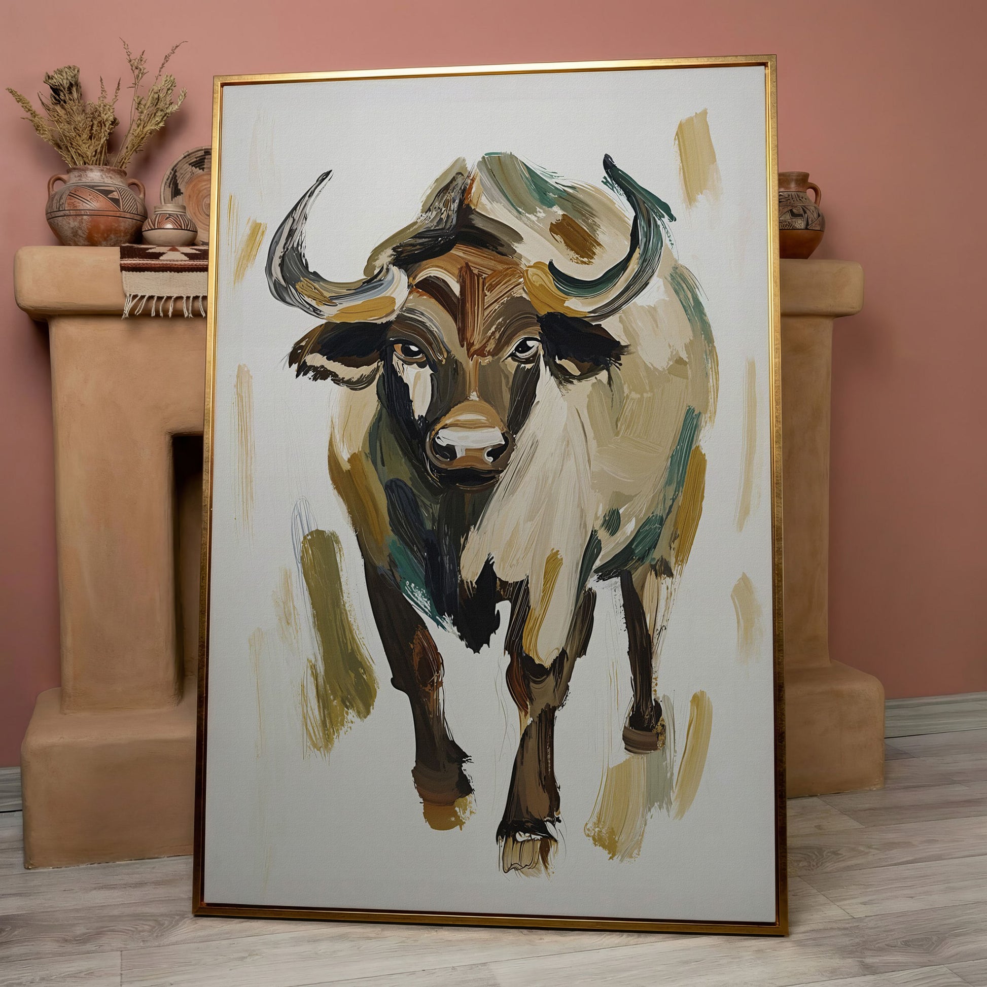 Bold Bull Portrait Canvas Art in Expressive Brushstrokes in rose gold floating frame