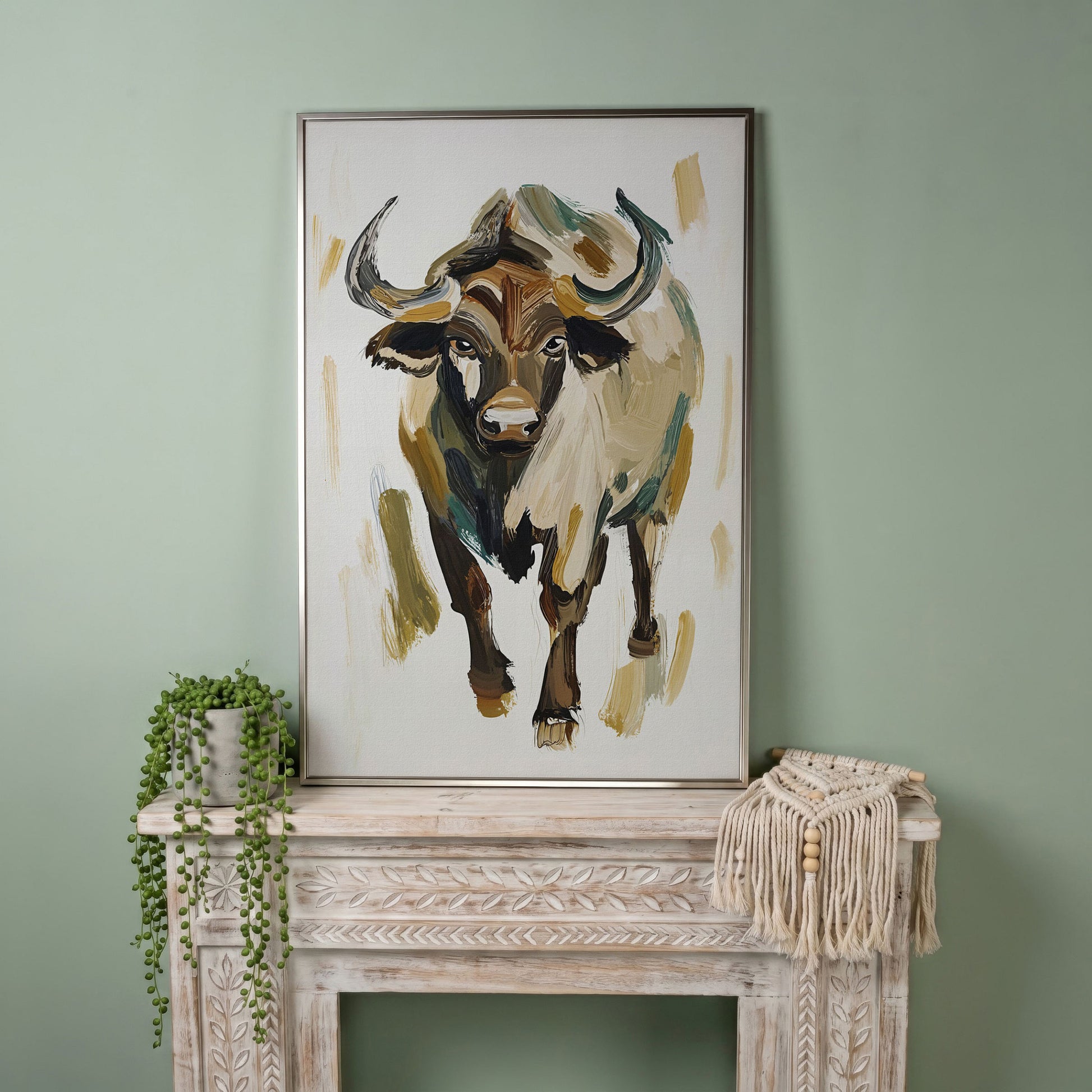 Bold Bull Portrait Canvas Art in Expressive Brushstrokes in silver floating frame