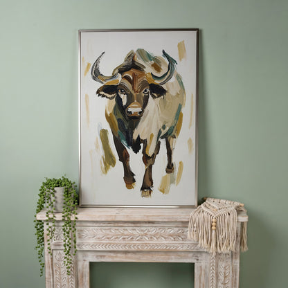 Bold Bull Portrait Canvas Art in Expressive Brushstrokes in silver floating frame