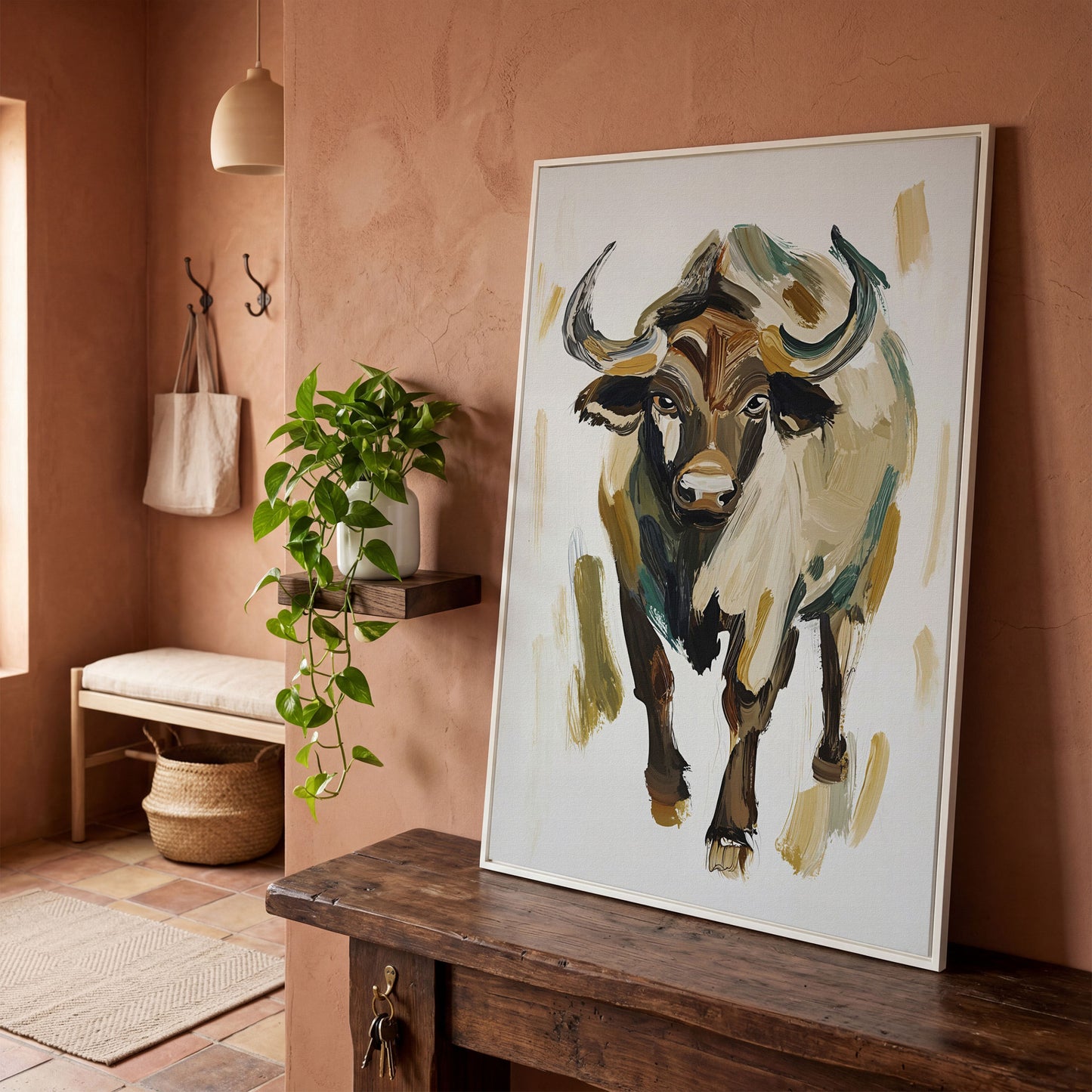 Bold Bull Portrait Canvas Art in Expressive Brushstrokes in white floating frame