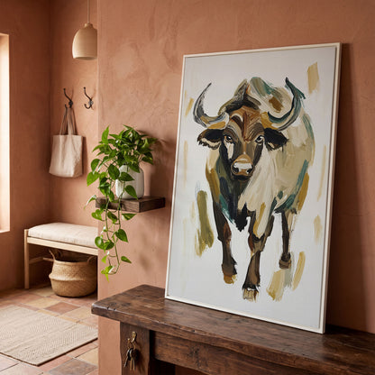 Bold Bull Portrait Canvas Art in Expressive Brushstrokes in white floating frame