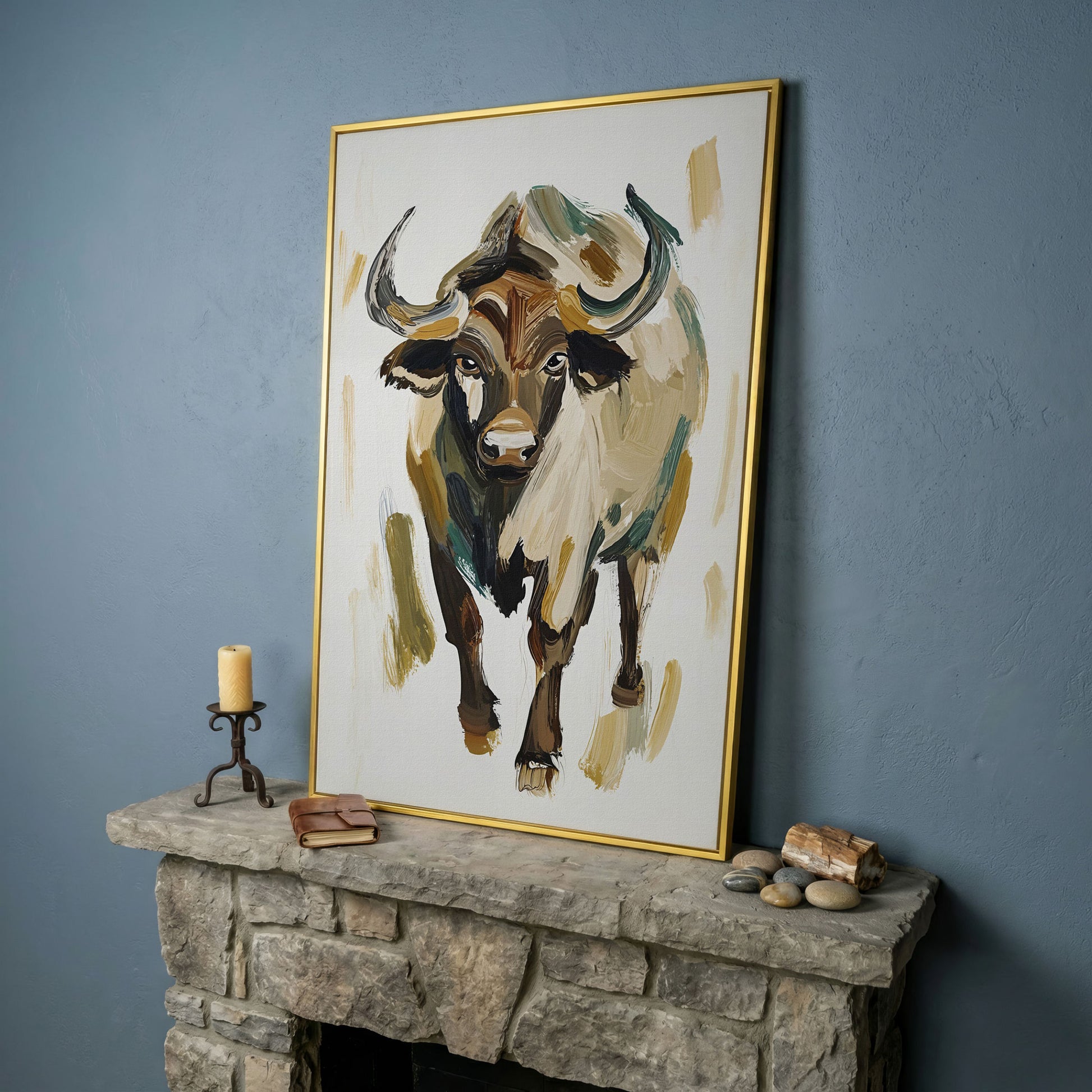 Bold Bull Portrait Canvas Art in Expressive Brushstrokes in yellow gold floating frame