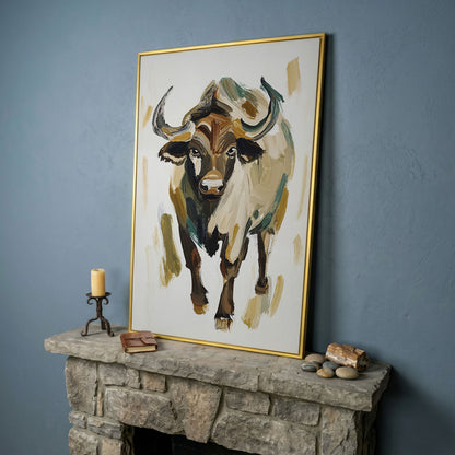 Bold Bull Portrait Canvas Art in Expressive Brushstrokes in yellow gold floating frame