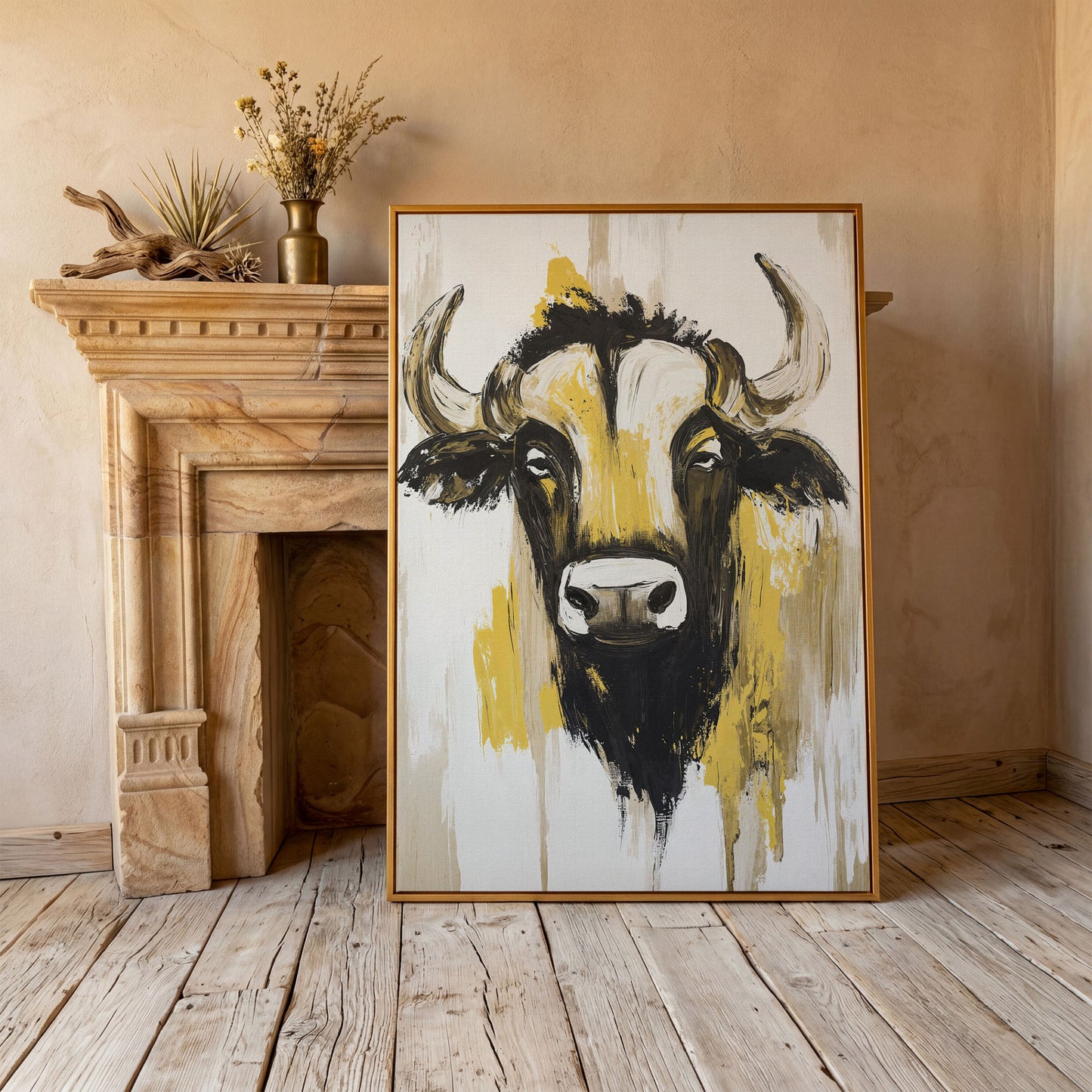 Stylized Bull Portrait Canvas Art, Bold Horns Close-Up in antique gold floating frame