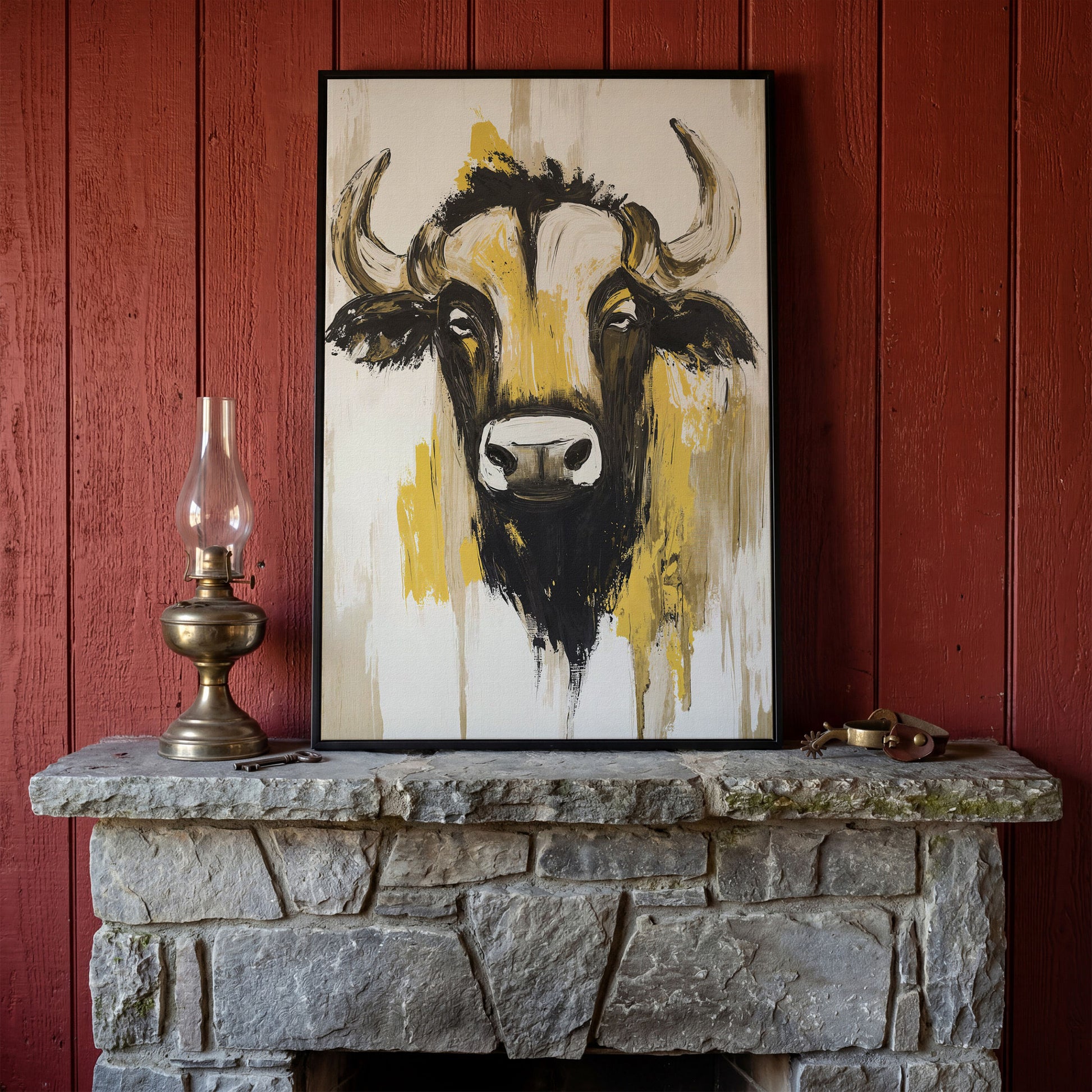 Stylized Bull Portrait Canvas Art, Bold Horns Close-Up in black floating frame