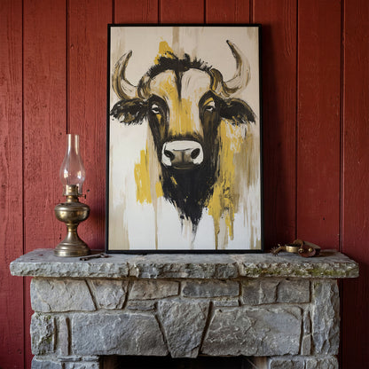 Stylized Bull Portrait Canvas Art, Bold Horns Close-Up in black floating frame