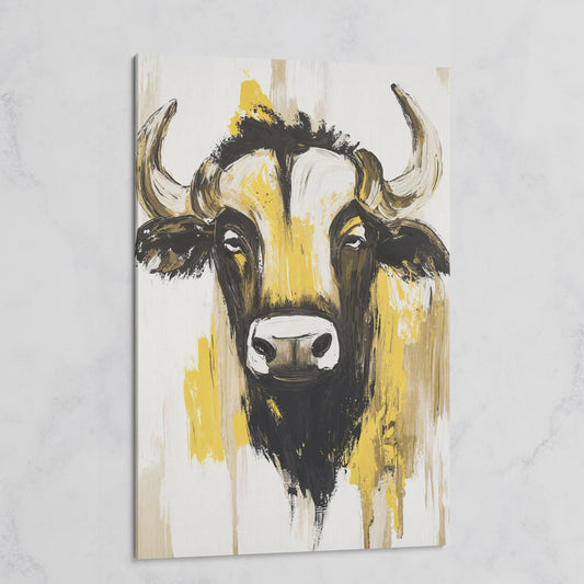 Stylized Bull Portrait Canvas Art, Bold Horns Close-Up on gallery wrap