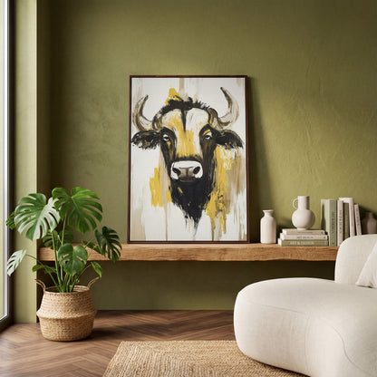 Stylized Bull Portrait Canvas Art, Bold Horns Close-Up in dark walnut floating frame