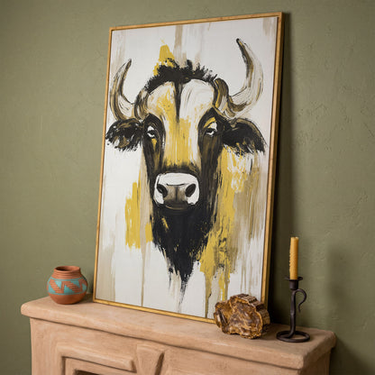 Stylized Bull Portrait Canvas Art, Bold Horns Close-Up in white oak floating frame