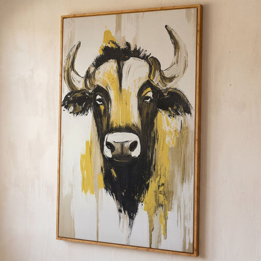 Stylized Bull Portrait Canvas Art, Bold Horns Close-Up shown in white oak floating frame