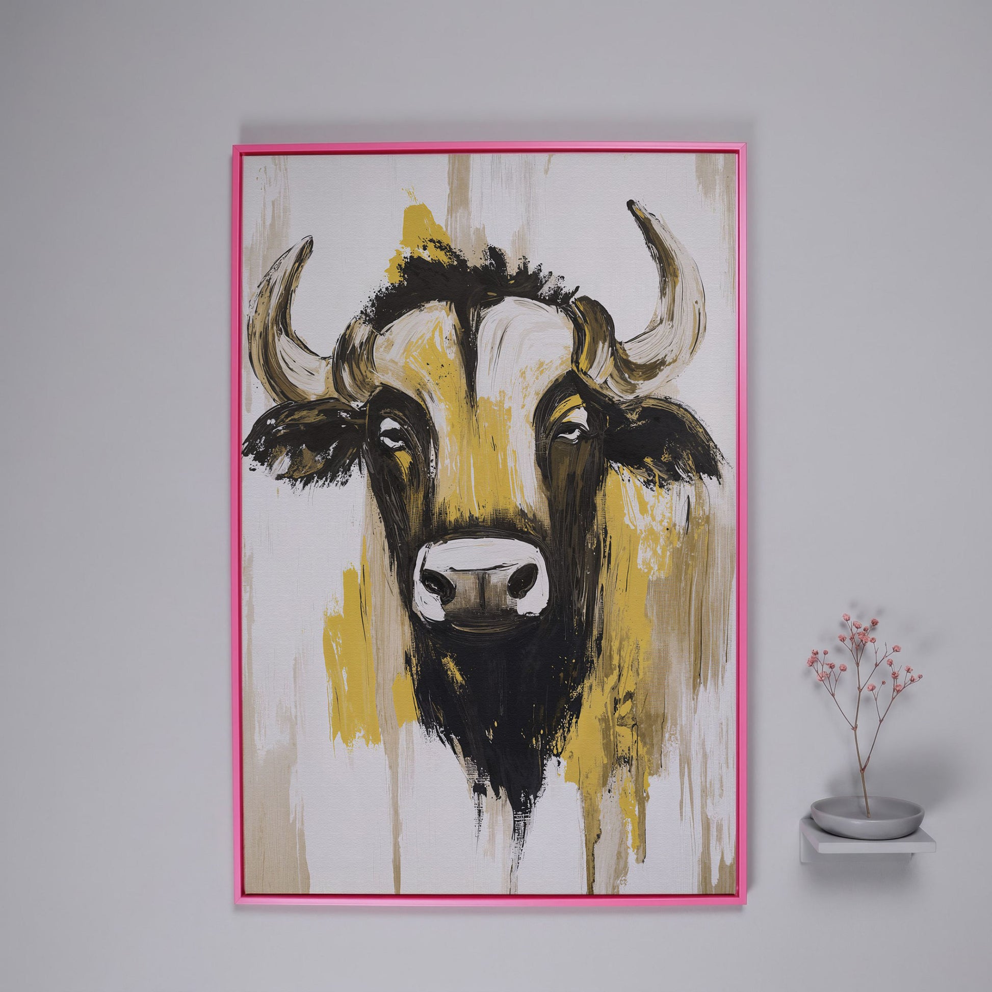 Stylized Bull Portrait Canvas Art, Bold Horns Close-Up in pink floating frame