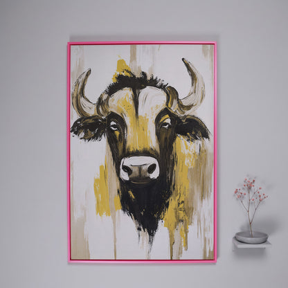 Stylized Bull Portrait Canvas Art, Bold Horns Close-Up in pink floating frame