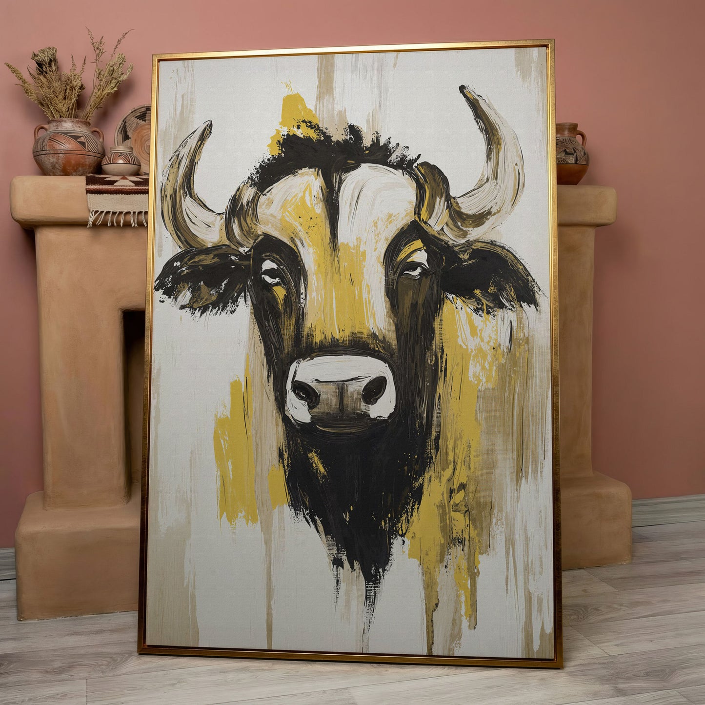 Stylized Bull Portrait Canvas Art, Bold Horns Close-Up in rose gold floating frame