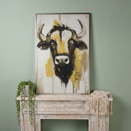 Stylized Bull Portrait Canvas Art, Bold Horns Close-Up in silver floating frame