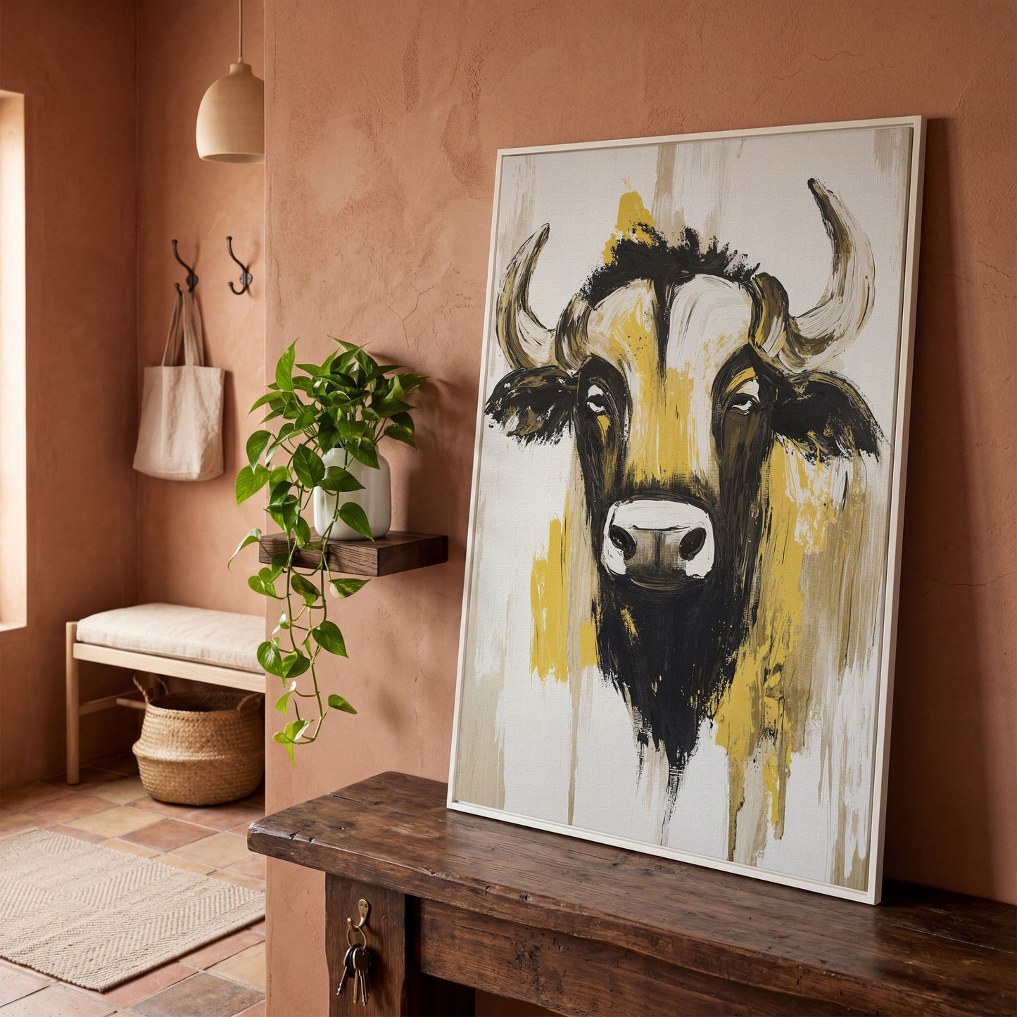 Stylized Bull Portrait Canvas Art, Bold Horns Close-Up in white floating frame
