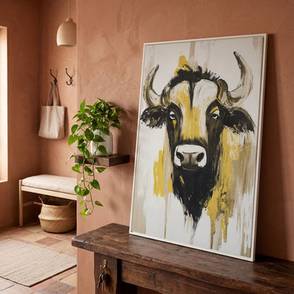 Stylized Bull Portrait Canvas Art, Bold Horns Close-Up in white floating frame