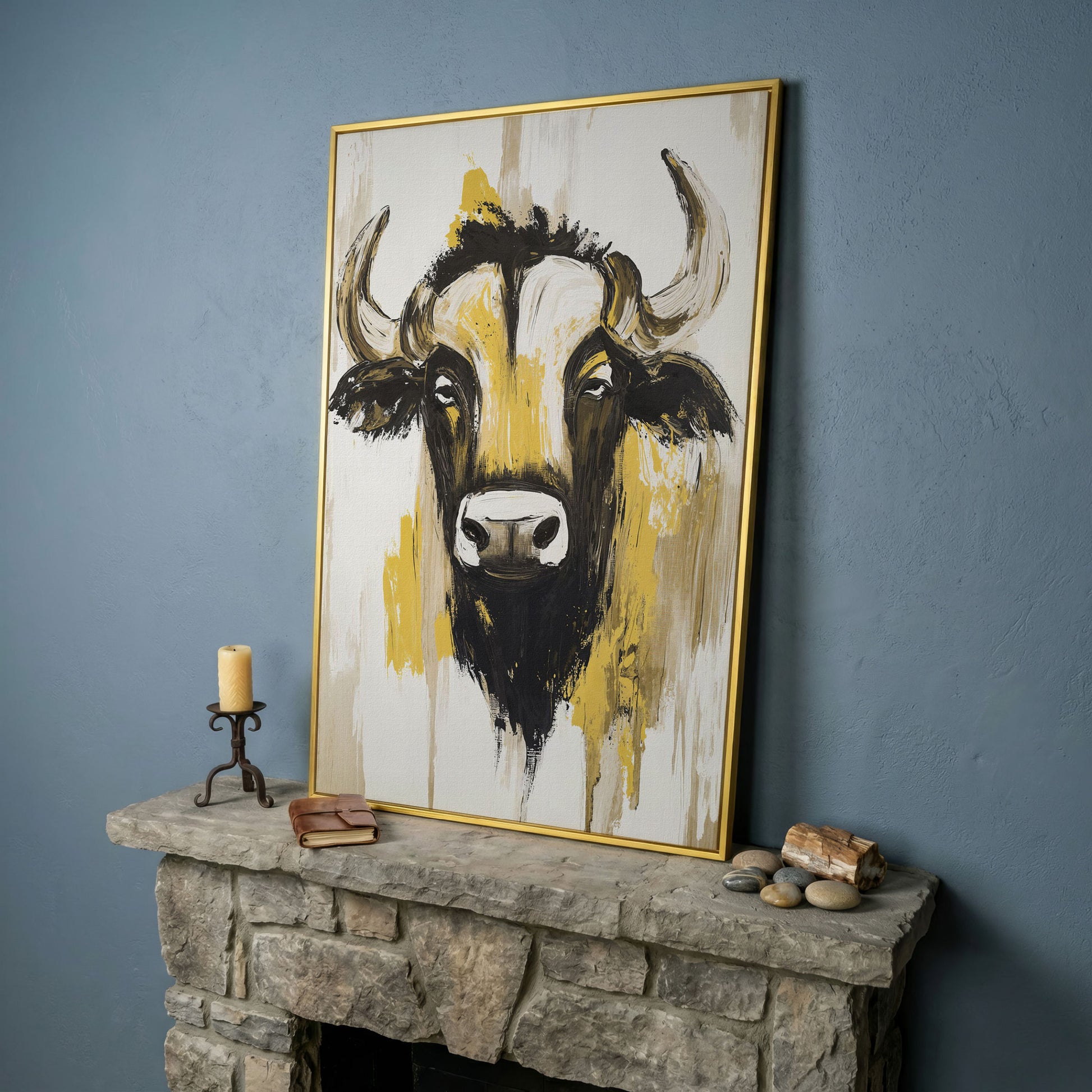 Stylized Bull Portrait Canvas Art, Bold Horns Close-Up in yellow gold floating frame