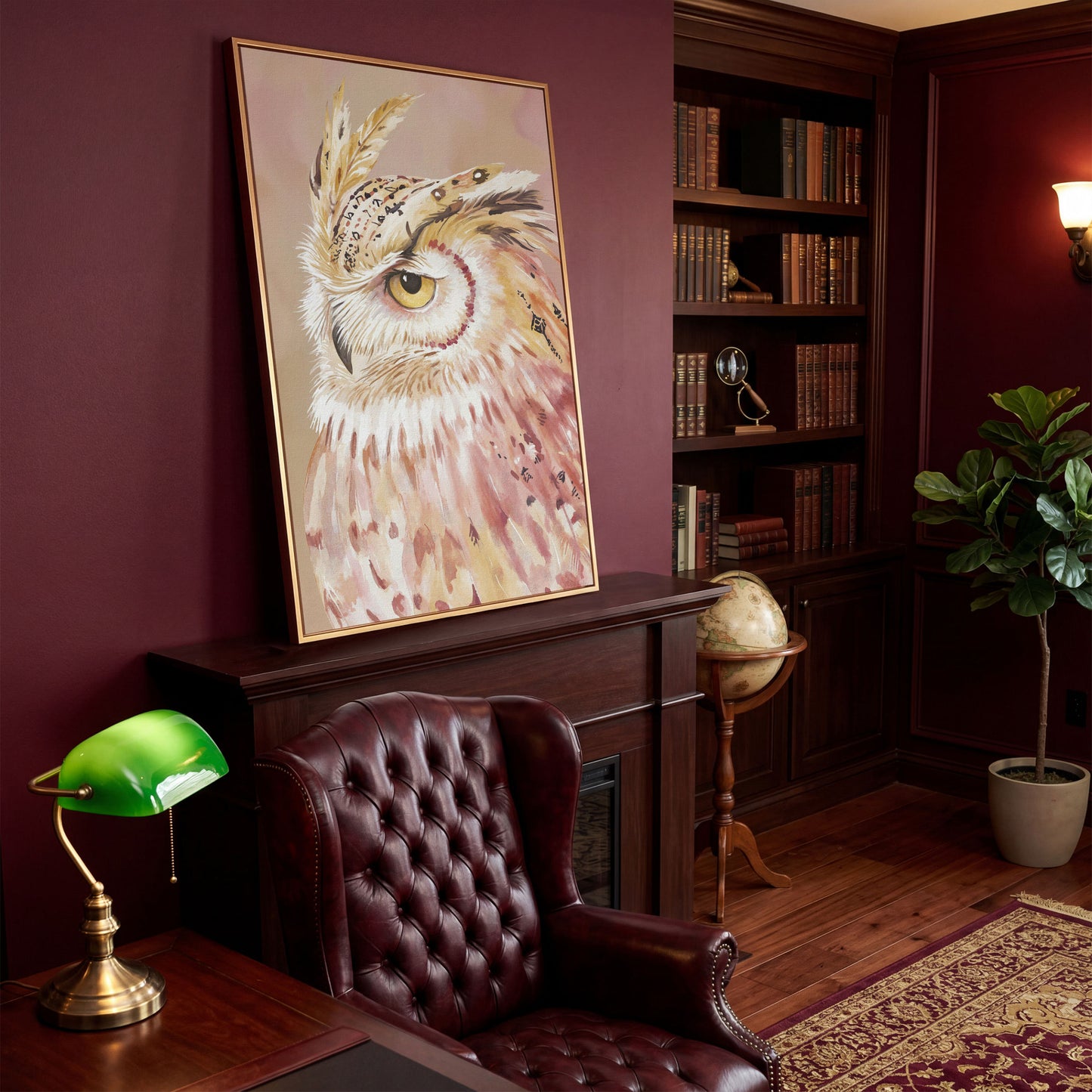 Owl Portrait Canvas Wall Art, Close-Up Wildlife Print in antique gold floating frame