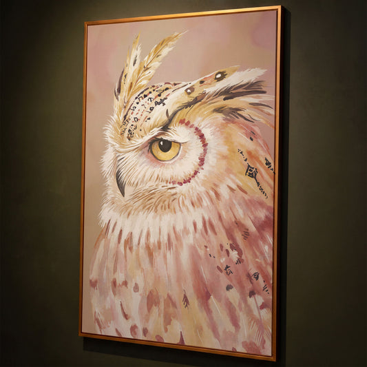 Owl Portrait Canvas Wall Art, Close-Up Wildlife Print shown in antique gold floating frame
