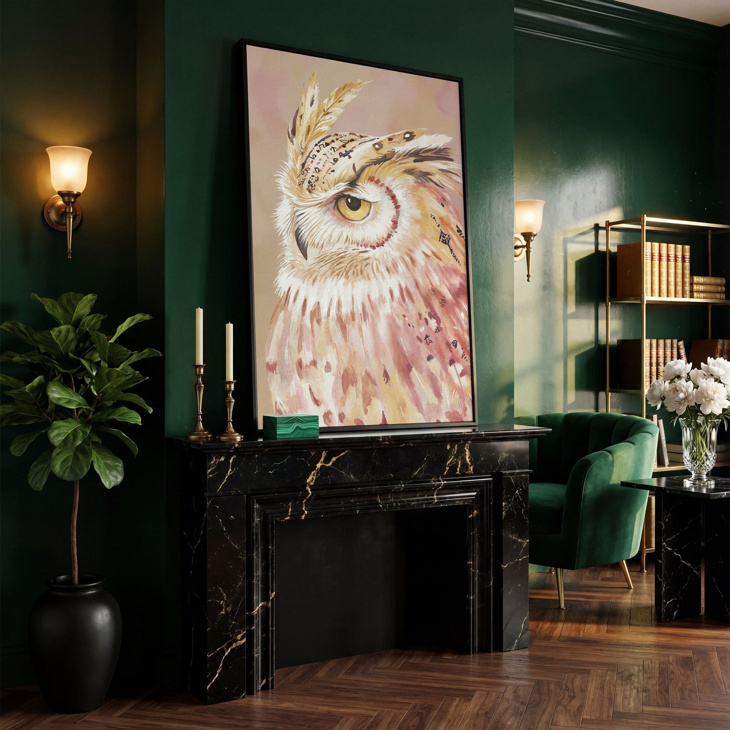 Owl Portrait Canvas Wall Art, Close-Up Wildlife Print in black floating frame