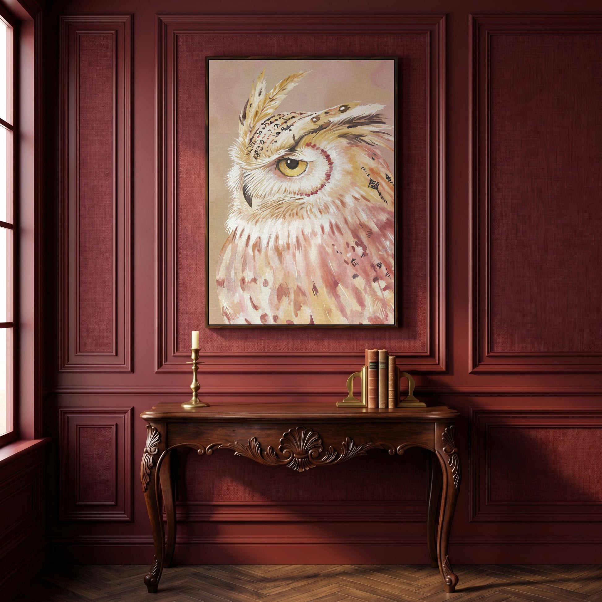 Owl Portrait Canvas Wall Art, Close-Up Wildlife Print in dark walnut floating frame