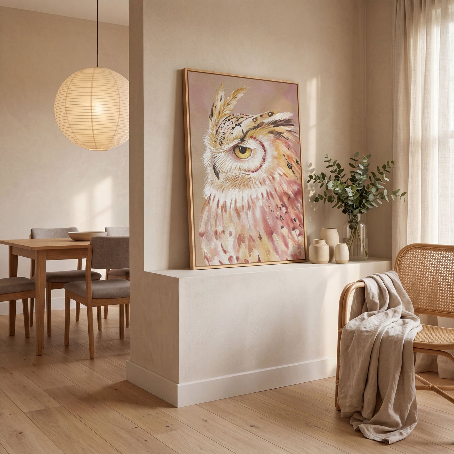 Owl Portrait Canvas Wall Art, Close-Up Wildlife Print in white oak floating frame
