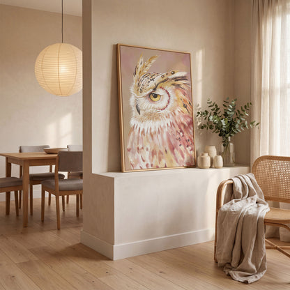 Owl Portrait Canvas Wall Art, Close-Up Wildlife Print in white oak floating frame
