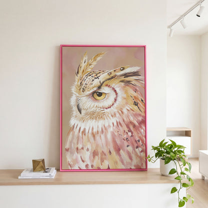 Owl Portrait Canvas Wall Art, Close-Up Wildlife Print in pink floating frame