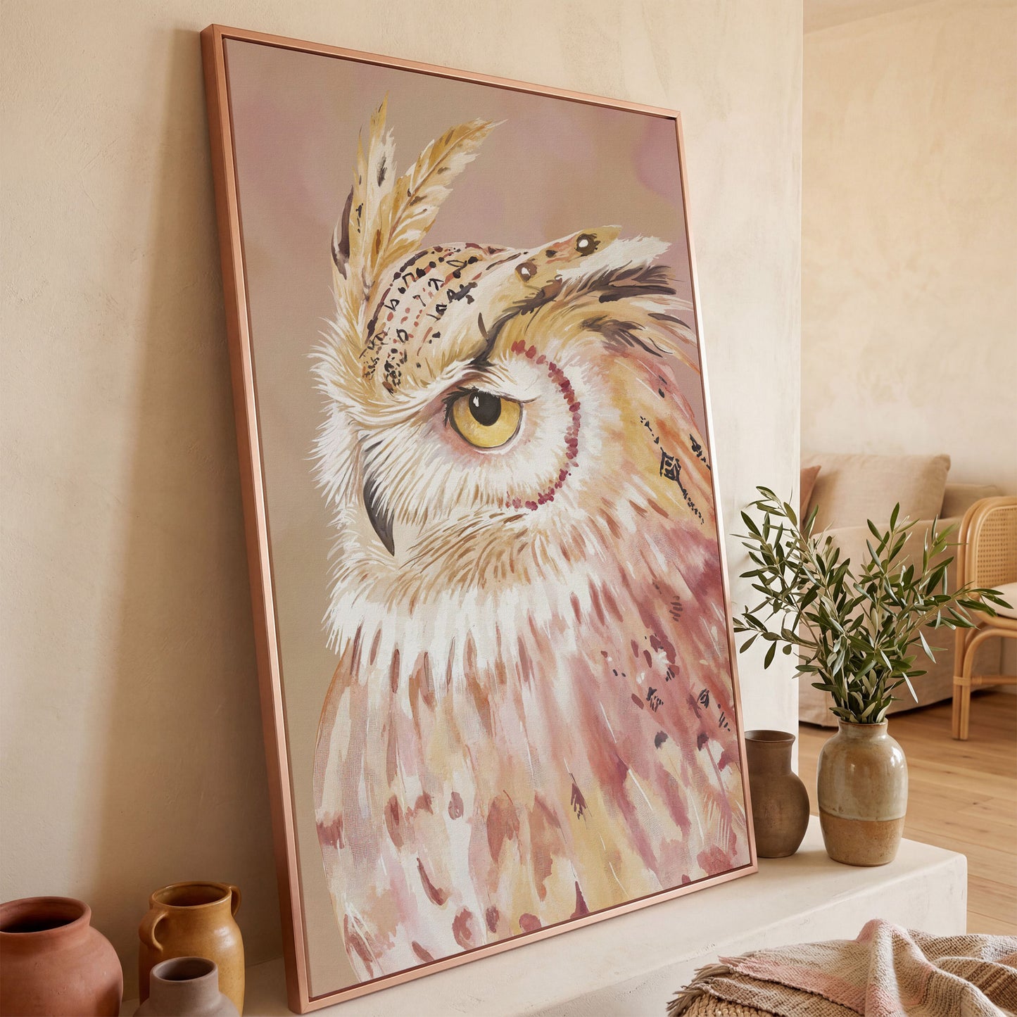 Owl Portrait Canvas Wall Art, Close-Up Wildlife Print in rose gold floating frame