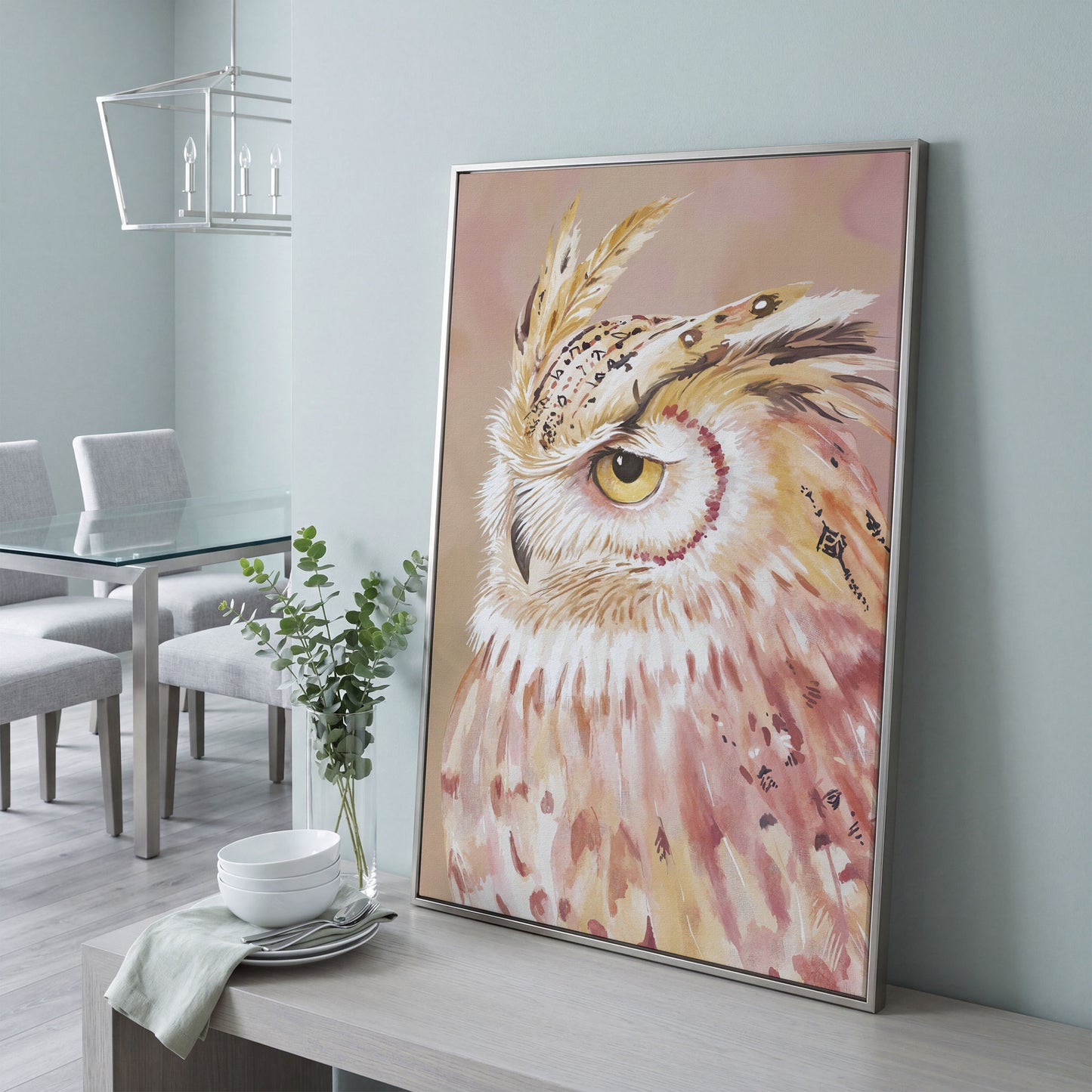 Owl Portrait Canvas Wall Art, Close-Up Wildlife Print in silver floating frame