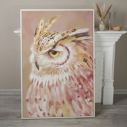 Owl Portrait Canvas Wall Art, Close-Up Wildlife Print in white floating frame